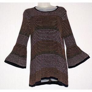 JOHN MARK Tunic Top Sweater Women Sz Medium Black Multi Stripe Bell Sleeve